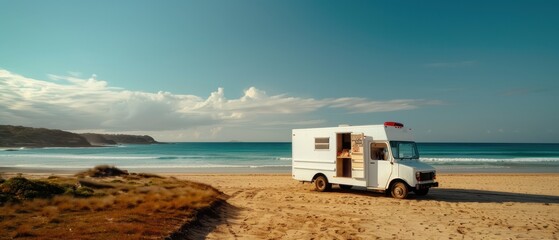 Fototapeta premium Vintage Camper Van Parked on a Scenic Beach with Clear Blue Sky and Ocean Waves in the Background
