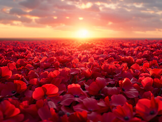 Obraz premium a vibrant sunset with a field of red flowers in the foreground, and the sun's rays illuminating the horizon.
