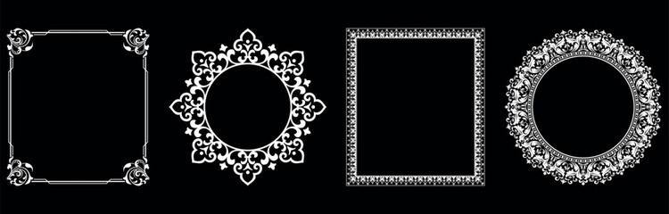 Set of decorative frames Elegant vector element for design in Eastern style, place for text. Floral black and white borders. Lace illustration for invitations and greeting cards.