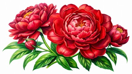 Vibrant red peonies with delicate petals and lush green foliage poised against a soft green background, evoking warmth and serenity in a natural still life.