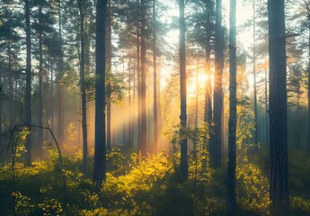 Fototapeta premium Sunbeams Through Tall Trees in Misty Forest