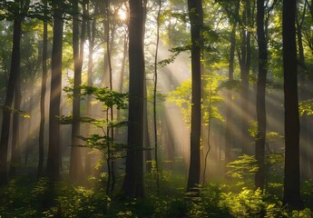 Obraz premium Enchanted Forest Sunbeams Through Trees