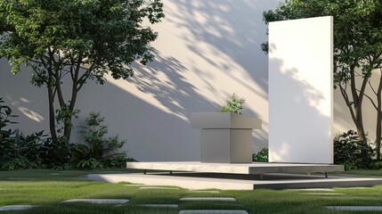 Modern lawn setting with sleek podium, eye-catching billboard mockup, and refined color scheme. Great for high-profile gatherings.
