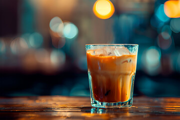 Pouring milk into a glass of homemade cold brew coffee on wooden table
