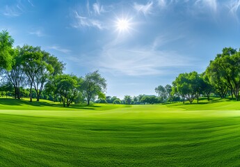 Naklejka premium Sunny Day Golf Course Landscape with Green Grass