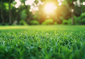 Naklejka premium Green Grass Park Sunlight Wide Angle