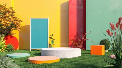 Modern lawn setting with elegant podium, vibrant billboard mockup, and unique colors. Perfect for high-class events.