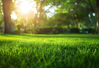 Naklejka premium Sunlit Green Grass Meadow Park Background