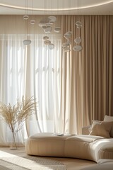 Elegant minimalist living room with beige curtains, modern pendant lights, and a cozy chaise longue exuding warmth and comfort.
