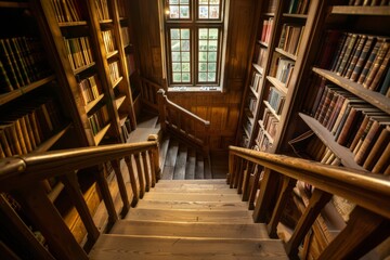 Interior of an old school library. Wooden staircase and bookshelves.