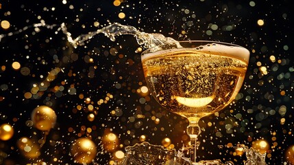 A golden chalice overflowing with sparkling champagne against a backdrop of midnight black, celebrating life's moments of luxury.