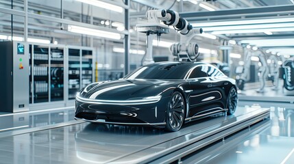 A Gleaming Black Electric Car Rolls Through the Assembly Line