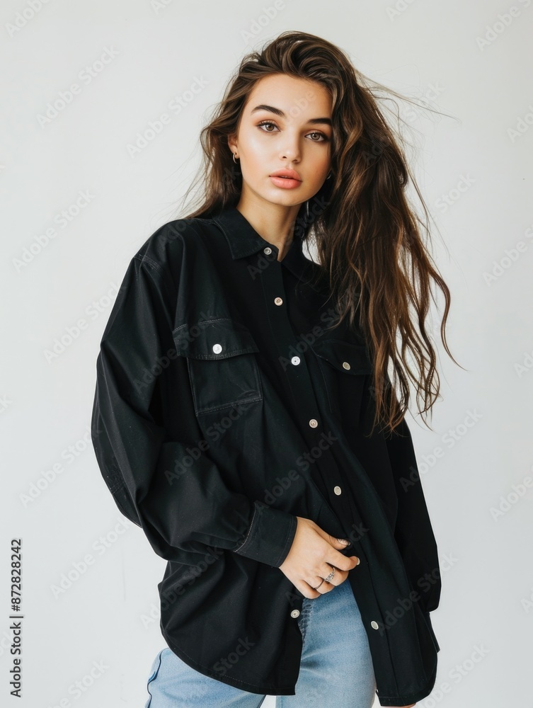 Wall mural Black Shirt Girl. Attractive Young Woman in Oversized Streetwear Outfit Mock-Up