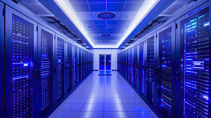 Fototapeta premium Data Center: Secure Facility for Server Management, Network Infrastructure, Cloud Computing Hub, Information Technology Backbone, Efficient Data Storage, High-Speed Connectivity, Digital Security Meas