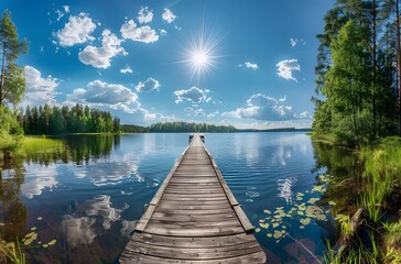 Scenic Summer Lake with Wooden Dock