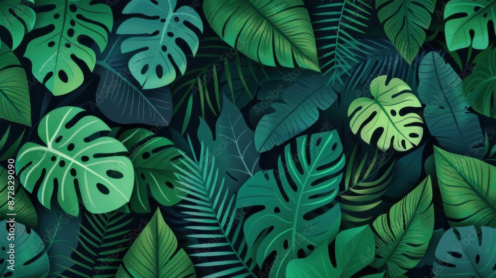 Poster seamless pattern of lush green tropical leaves in various shapes and sizes, creating a vibrant, natu