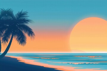 Serene beach sunset illustration with a palm tree, calm waves, and vibrant colors of the sky reflecting on the water.