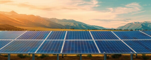 Solar panels in a vibrant landscape with mountains in the background during a beautiful sunrise, symbolizing renewable energy and sustainability.