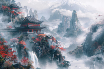 Obraz premium Illustrations of high mountain waterfalls and palaces