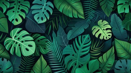 Seamless pattern of lush green tropical leaves in various shapes and sizes, creating a vibrant, natural background perfect for design projects.
