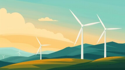 Obraz premium Wind turbines on a scenic hillside during a beautiful sunset, promoting renewable energy and sustainability in a tranquil setting.