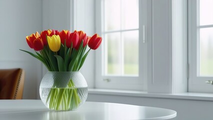 tulips in a vase in modern white kichen