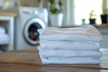 Folded white sheets on a wooden table with a washing machine in the background. Suitable for illustrating laundry routines, home care tips, and cleaning advertisements. High quality illustration