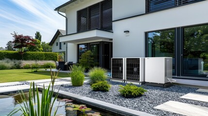 Fototapeta premium Modern Home's Backyard Oasis With Air Conditioning Units
