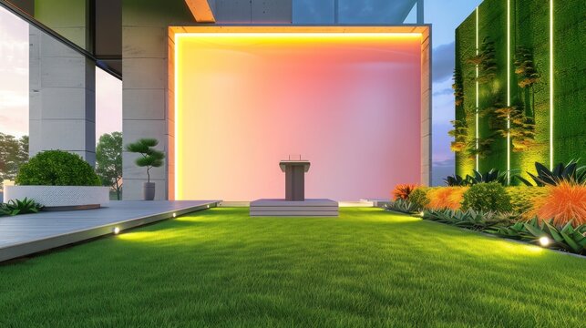 Luxurious lawn with sleek podium, dynamic billboard mockup, and unique colors. Ideal for premium gatherings.