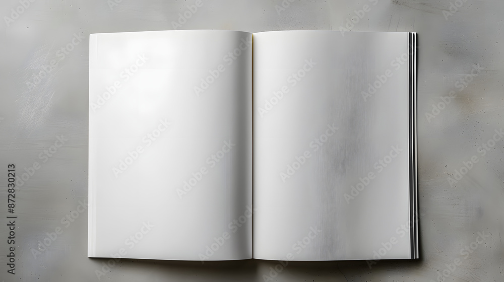Aufkleber open notebook with blank pages on grey textured background, top view. mockup for design