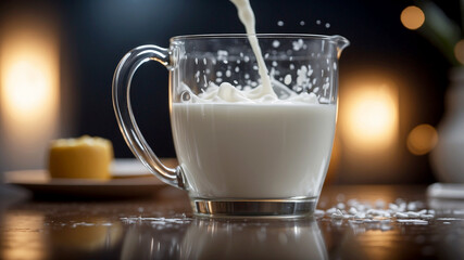 slow-motion shot of milk pouring smoothly from a glass jug into a crystal-clear glass