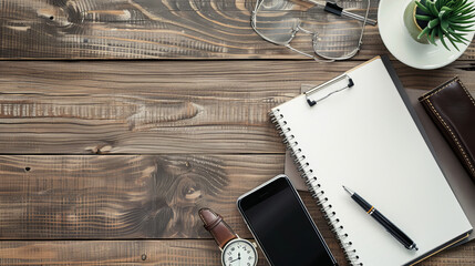 a Wooden office desk table with notebook, smartphone, pen and watch. 