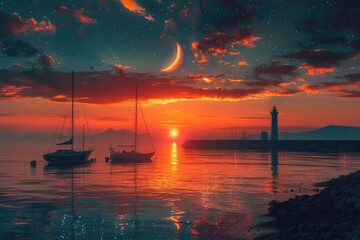 At sunset, lighthouses and sailboats