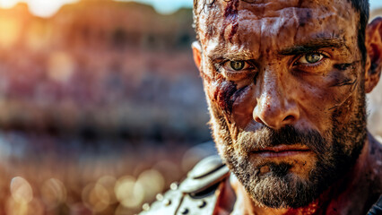 Fierce gladiator stands in packed ancient arena, with his face marked by dirt and determination. The crowd blurs behind him, highlighting his intense focus and readiness.