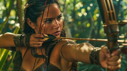 A female archer draws her bow in a sunlit forest, her eyes locked on the target. The serene and natural setting enhances the intensity of her concentration and skill.