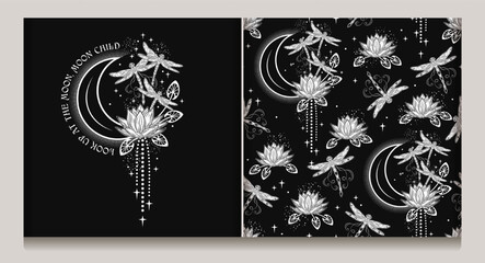 Seamless mystical monochrome fantasy pattern, composition with lotus flower, flying fantasy dragonflies, dragonfly pixie, faerie, stars. Mysterious, mystical concept. Vintage style.