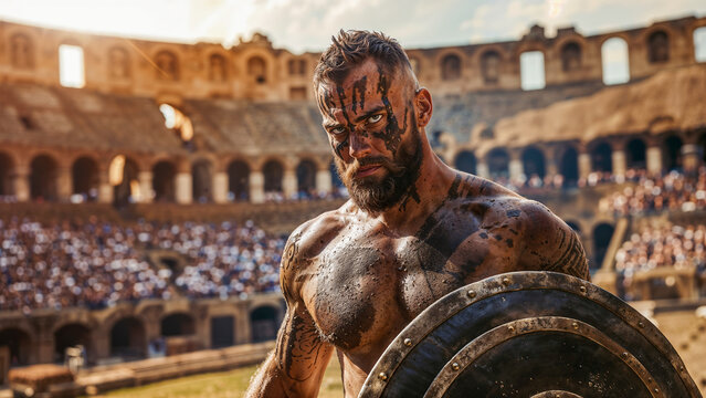 Fierce gladiator stands in packed ancient arena, wielding shield, his face marked by dirt and determination. The crowd blurs behind him, highlighting his intense focus and readiness.