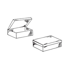 Kraft box in doodle style. Closed and opened paper box. Hand-drawn illustration on white background.