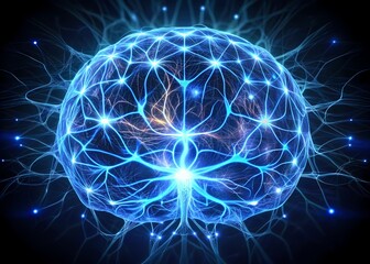 _abstract illustration of brain-inspired neural network with glowing neurons and synapses, radiant blue light emanating from interconnected nodes and fibers in dark space._