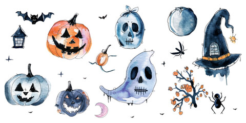Set of watercolor Halloween illustrations on white background.