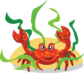 Happy red crab cartoon character sitting on sand surrounded by green seaweed