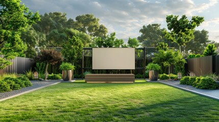 Luxurious lawn with modern podium, dynamic billboard mockup, and sophisticated colors. Perfect for elite gatherings.