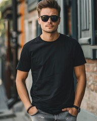 A man in a black t-shirt walks confidently down a city street