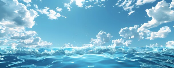 Blue Water Surface with Sky and Clouds Background