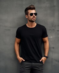 Naklejka premium A handsome male model stands in front of a grey wall wearing a black t-shirt