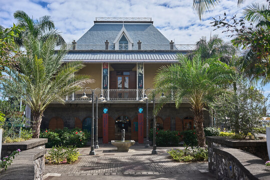 Exterior architecture and decoration of Blue Penny charming museum with stamp, coin and art exhibits devoted to the cultural heritage of Mauritius