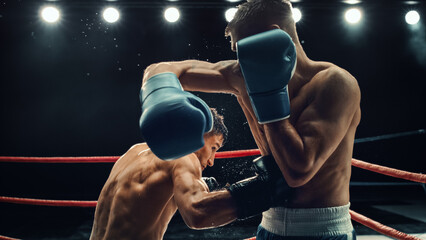 Two Male Boxers in High-stakes Match, Exchanging Powerful Blows Under Intense Lighting. Raw Energy...