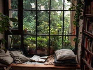 Fototapeta premium A cozy reading nook by a large window during a rainstorm