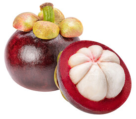 Mangostreen Queen of fruit on green white background, Purple Mangosteen tropical fruit isolate on white PNG File. © KT Studio