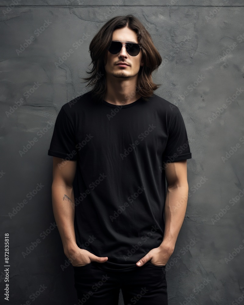 Sticker A model wearing a black t-shirt, sunglasses, and long hair poses against a gray wall